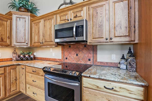 12388 Little Tiger Ln, Hill City, SD 57745 - kitchen featuring light stone counters, tasteful backsplash, and stainless steel appliances