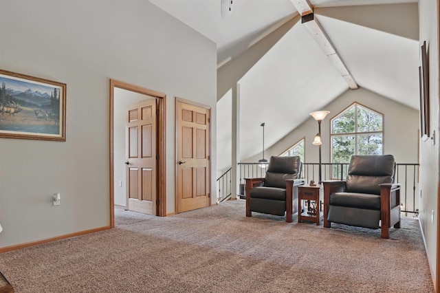 12388 Little Tiger Ln, Hill City, SD 57745 - living area featuring an upstairs landing, carpet, ceiling fan, baseboards, and lofted ceiling