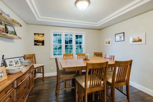 dining space with baseboards, dark wood-style flooring, and a tray ceiling