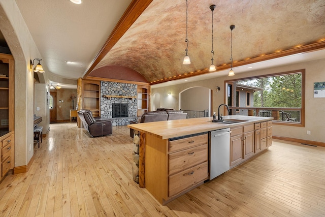 25189 Steckelberg Valley Rd, Custer, SD 57730 - kitchen featuring a sink, wood counters, light wood-style floors, and dishwasher