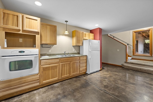 25189 Steckelberg Valley Rd, Custer, SD 57730 - kitchen with concrete flooring, a sink, baseboards, light brown cabinets, and white appliances