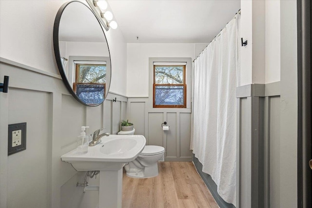2042 12th Ave, Belle Fourche, SD 57717 - full bath featuring wood finished floors, a decorative wall, toilet, and a wainscoted wall