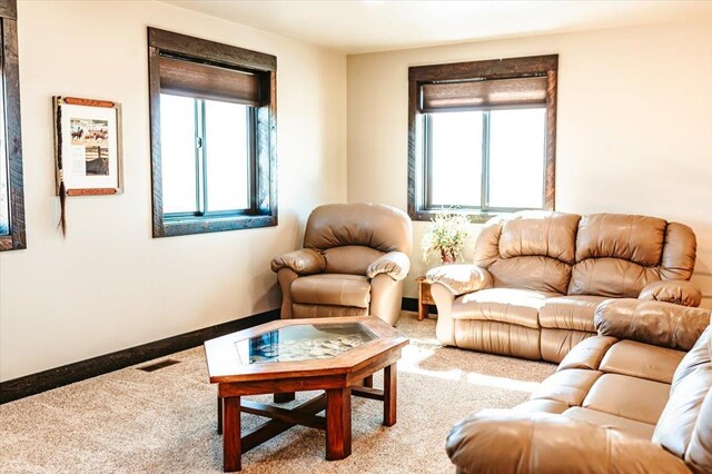 carpeted living room with baseboards, plenty of natural light, and visible vents