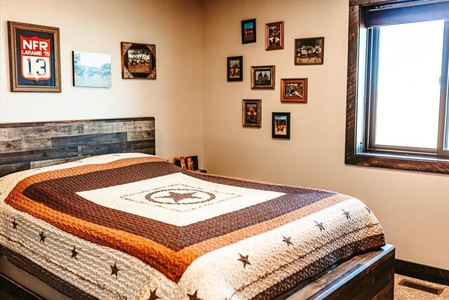bedroom featuring baseboards, visible vents, and multiple windows