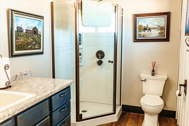 full bathroom featuring vanity, wood finished floors, toilet, baseboards, and a stall shower