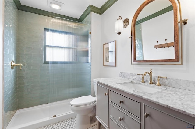 1019 Fulton St, Rapid City, SD 57701 - full bath featuring vanity, tile patterned floors, toilet, ornamental molding, and tiled shower