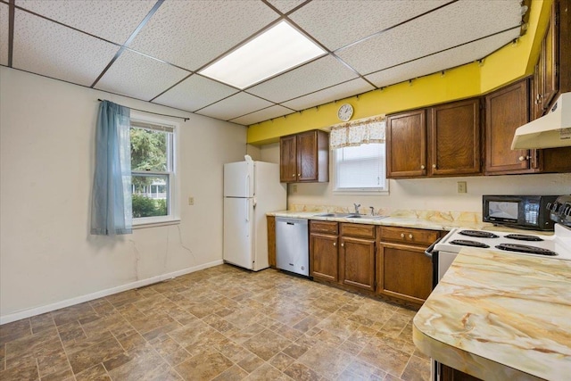 1112 Elkhorn St, Belle Fourche, SD 57717 - kitchen with a paneled ceiling, stainless steel dishwasher, a sink, baseboards, and freestanding refrigerator