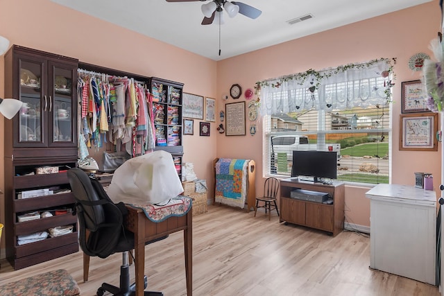 971 Northridge Dr, Rapid City, SD 57701 - home office with visible vents, light wood finished floors, and ceiling fan