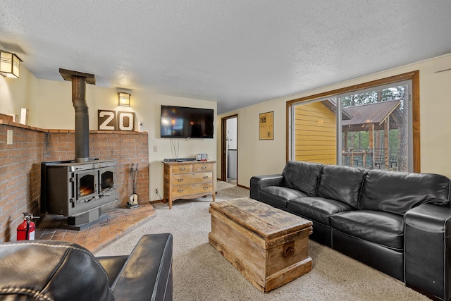 22773 Sunnyside Gulch Rd, Silver City, SD 57702 - carpeted living area with a textured ceiling and a wood stove