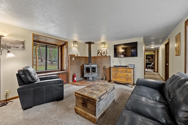 22773 Sunnyside Gulch Rd, Silver City, SD 57702 - carpeted living area with baseboards, a wood stove, and a textured ceiling