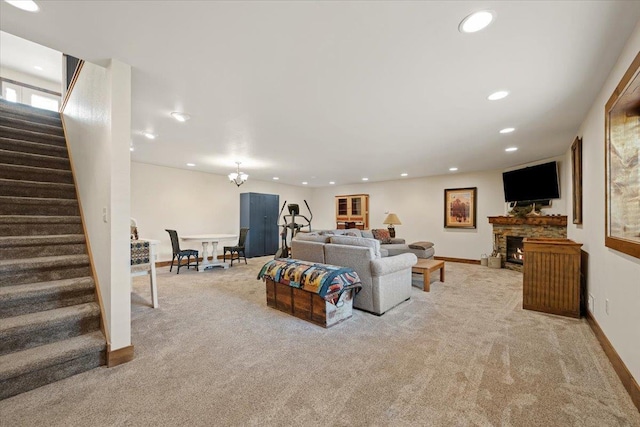 living area featuring stairway, carpet flooring, and recessed lighting