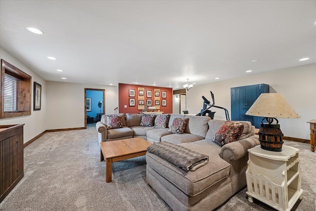 living area with baseboards, carpet flooring, and recessed lighting