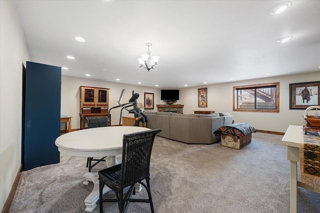 dining space featuring carpet flooring, baseboards, and recessed lighting