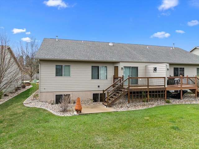 back of house featuring a yard, a patio, stairway, a wooden deck, and a shingled roof