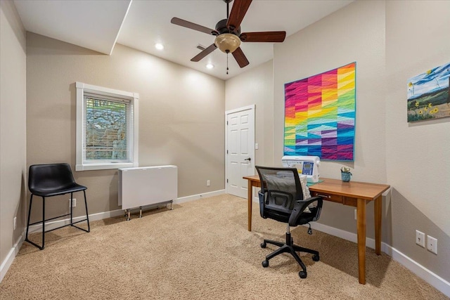 carpeted office space featuring baseboards, recessed lighting, and ceiling fan