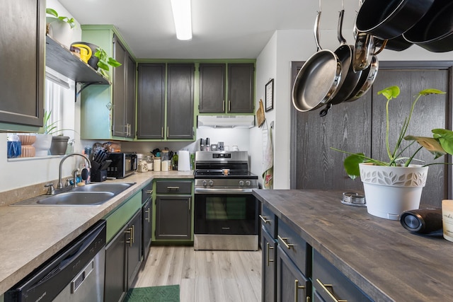 kitchen with under cabinet range hood, light wood finished floors, wooden counters, a sink, and stainless steel appliances