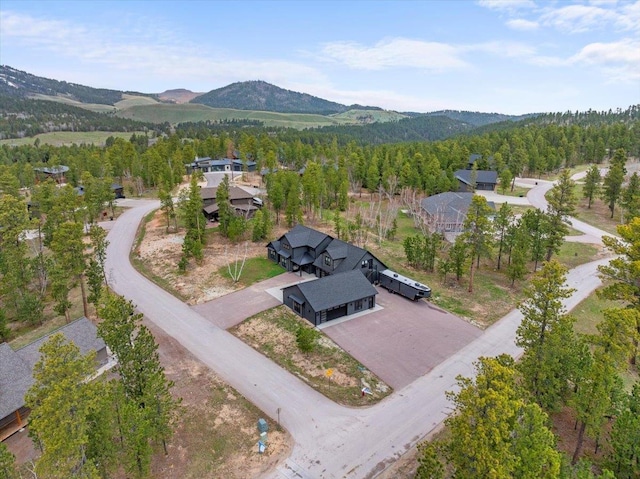 aerial view of a mountain backdrop and a heavily wooded area