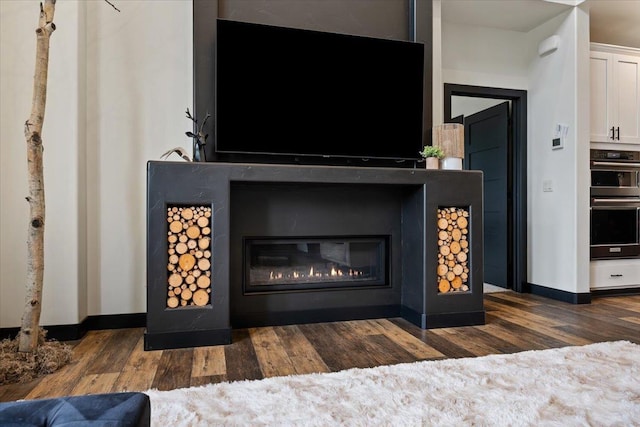 detailed view of wood finished floors, a glass covered fireplace, stainless steel double oven, and baseboards