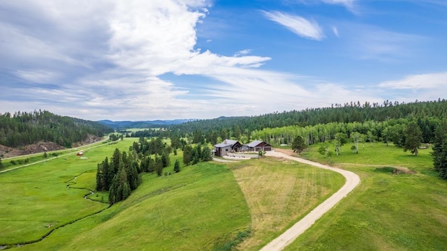 view of subject property with a heavily wooded area
