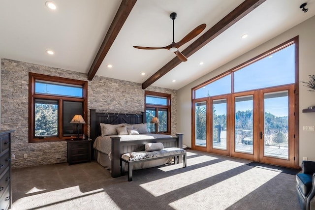 bedroom featuring carpet flooring, access to outside, beam ceiling, recessed lighting, and french doors
