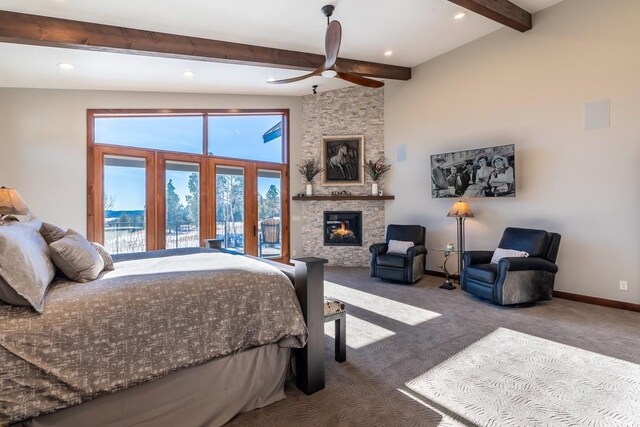 carpeted bedroom with beamed ceiling, a large fireplace, recessed lighting, baseboards, and ceiling fan
