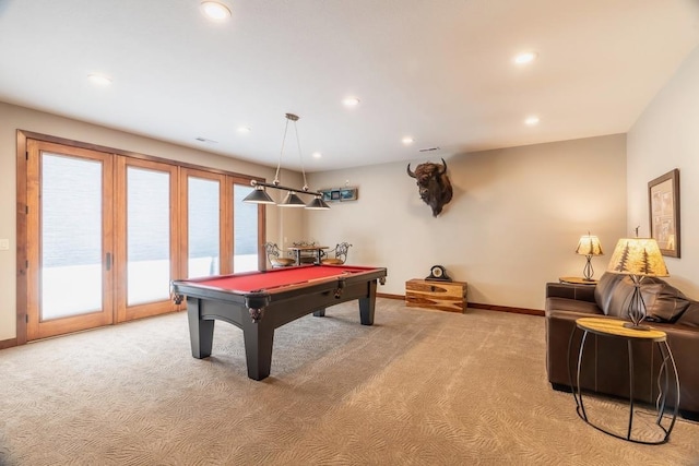 recreation room with light colored carpet, baseboards, billiards table, and recessed lighting