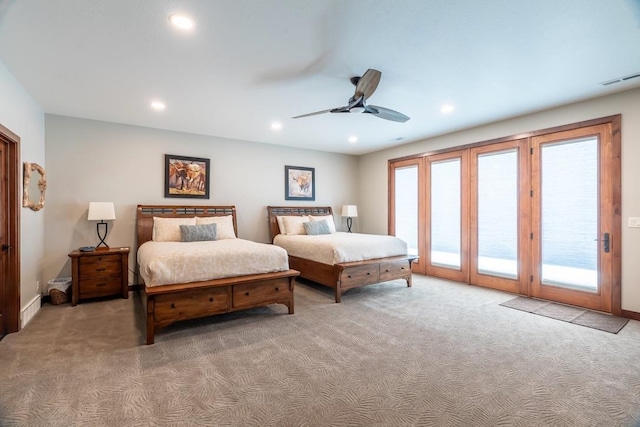 bedroom with light carpet, access to exterior, recessed lighting, ceiling fan, and baseboards