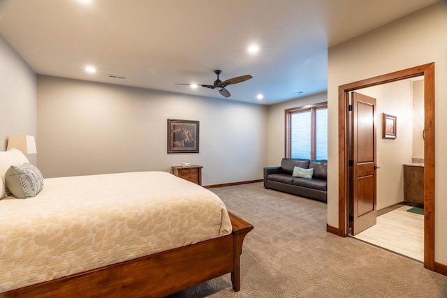 bedroom featuring light carpet, baseboards, recessed lighting, and a ceiling fan