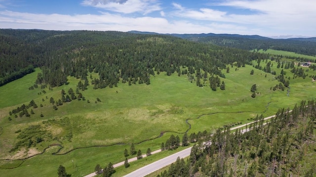 aerial view of property and surrounding area featuring a heavily wooded area and a mountainous background
