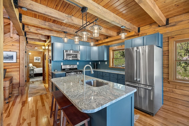 kitchen featuring stainless steel appliances, a sink, blue cabinetry, light wood-style floors, and wooden ceiling