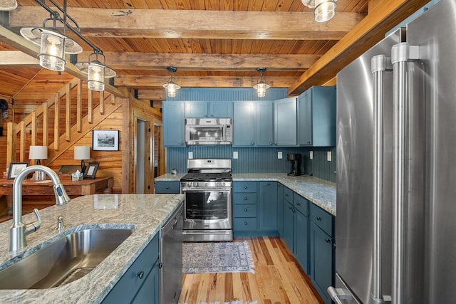 kitchen with appliances with stainless steel finishes, a sink, blue cabinetry, wood ceiling, and light wood-style floors