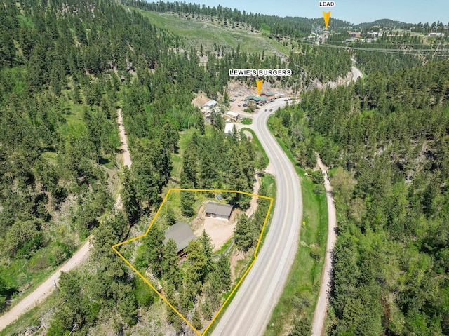 aerial overview of property's location with a heavily wooded area and property boundaries highlighted