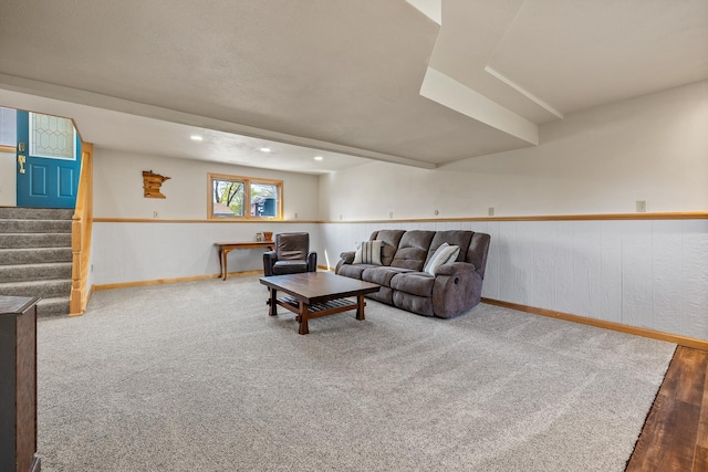 4202 Mary Dr, Rapid City, SD 57702 - living area with stairs, baseboards, wood finished floors, recessed lighting, and carpet flooring