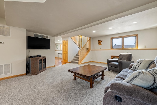 4202 Mary Dr, Rapid City, SD 57702 - living room featuring carpet floors, stairway, baseboards, and recessed lighting
