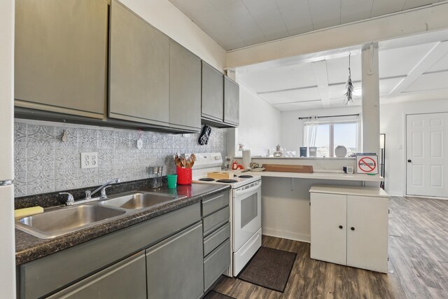 101 E Summit St, Lead, SD 57754 - kitchen featuring white range with electric stovetop, a sink, gray cabinets, dark wood finished floors, and a peninsula