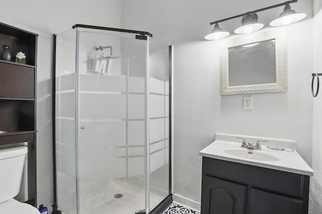 101 E Summit St, Lead, SD 57754 - bathroom with a shower stall, toilet, vanity, and a textured wall