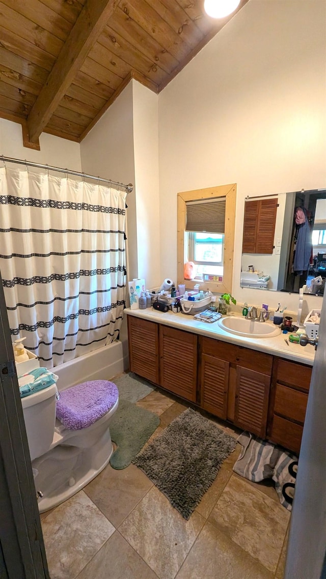 125 S Galena St, Lead, SD 57754 - bathroom featuring wooden ceiling, vanity, and shower / bath combination with curtain