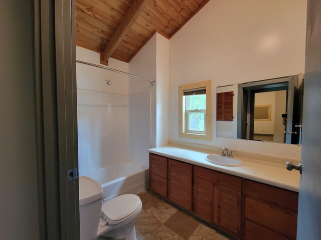 125 S Galena St, Lead, SD 57754 - bathroom with wood ceiling, toilet, vanity, beamed ceiling, and shower / bathtub combination