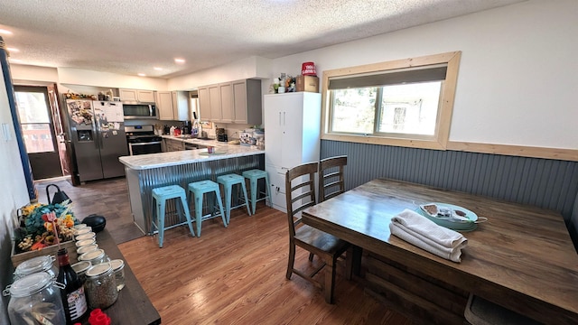 125 S Galena St, Lead, SD 57754 - dining room featuring wainscoting, a textured ceiling, and wood finished floors
