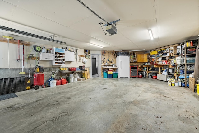12990 Old Hill City Rd, Keystone, SD 57751 - garage with freestanding refrigerator, a garage door opener, and a workshop area