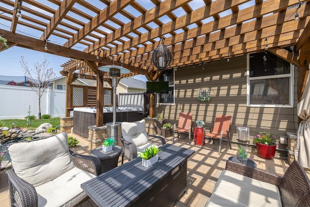 4127 Quiment Ct, Rapid City, SD 57702 - view of patio / terrace with a hot tub, a fenced backyard, an outdoor living space, and a pergola