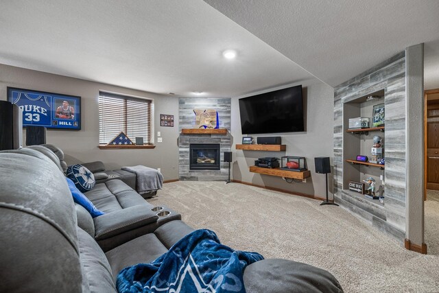 4127 Quiment Ct, Rapid City, SD 57702 - carpeted living area featuring baseboards, built in features, a textured ceiling, and a stone fireplace