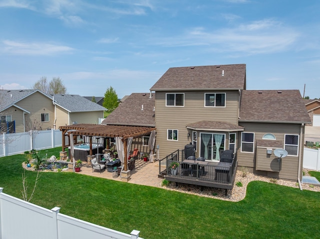 4127 Quiment Ct, Rapid City, SD 57702 - back of house featuring a pergola, a hot tub, a patio, a shingled roof, and a residential view