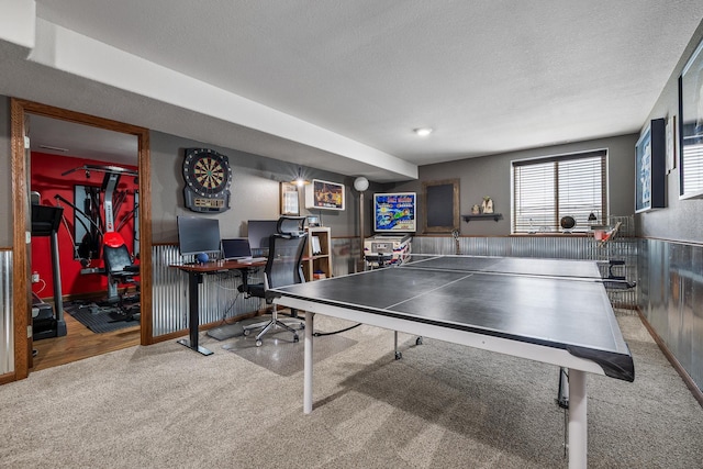 4127 Quiment Ct, Rapid City, SD 57702 - playroom with carpet flooring, an office area, a textured ceiling, and wainscoting
