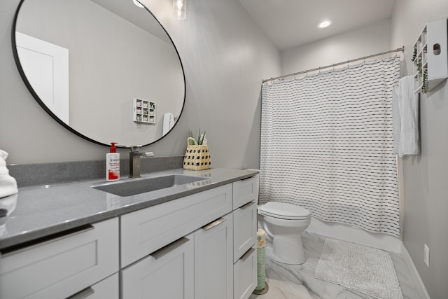 21271 Ridgewood Trl, Lead, SD 57754 - bathroom with marble look tile flooring, toilet, vanity, shower / bath combination with curtain, and recessed lighting