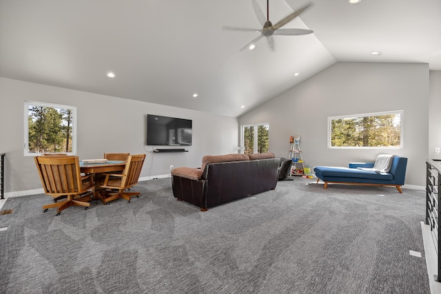 21271 Ridgewood Trl, Lead, SD 57754 - carpeted living room featuring recessed lighting, baseboards, a ceiling fan, and vaulted ceiling