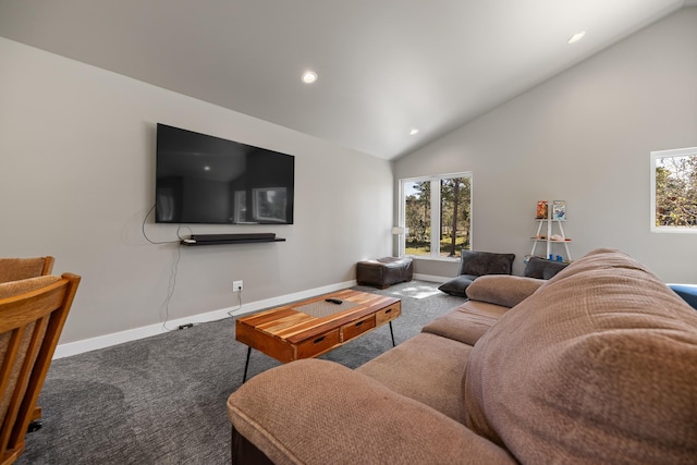 21271 Ridgewood Trl, Lead, SD 57754 - living area featuring carpet floors, baseboards, vaulted ceiling, plenty of natural light, and recessed lighting