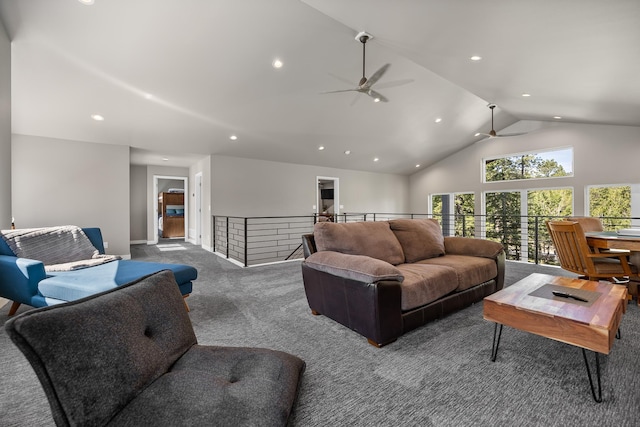21271 Ridgewood Trl, Lead, SD 57754 - carpeted living area featuring ceiling fan, recessed lighting, and high vaulted ceiling