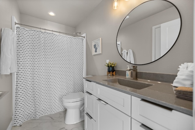 21271 Ridgewood Trl, Lead, SD 57754 - bathroom with marble look tile flooring, toilet, vanity, and recessed lighting