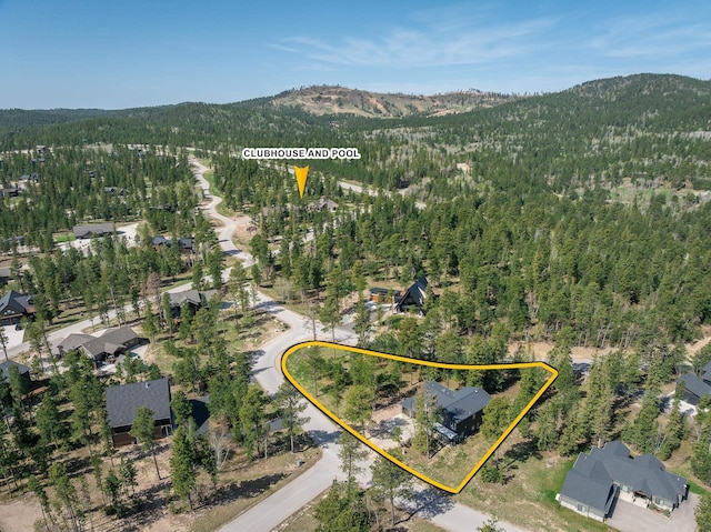 21271 Ridgewood Trl, Lead, SD 57754 - aerial view of property and surrounding area featuring a heavily wooded area, a mountainous background, and property parcel outlined